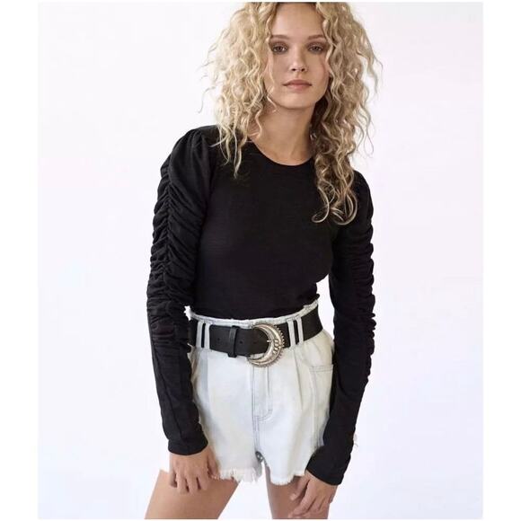 Free People Tops - FREE PEOPLE Womens Top Large Black Natasha Ruched Long Sleeve Boho Capsule Basic